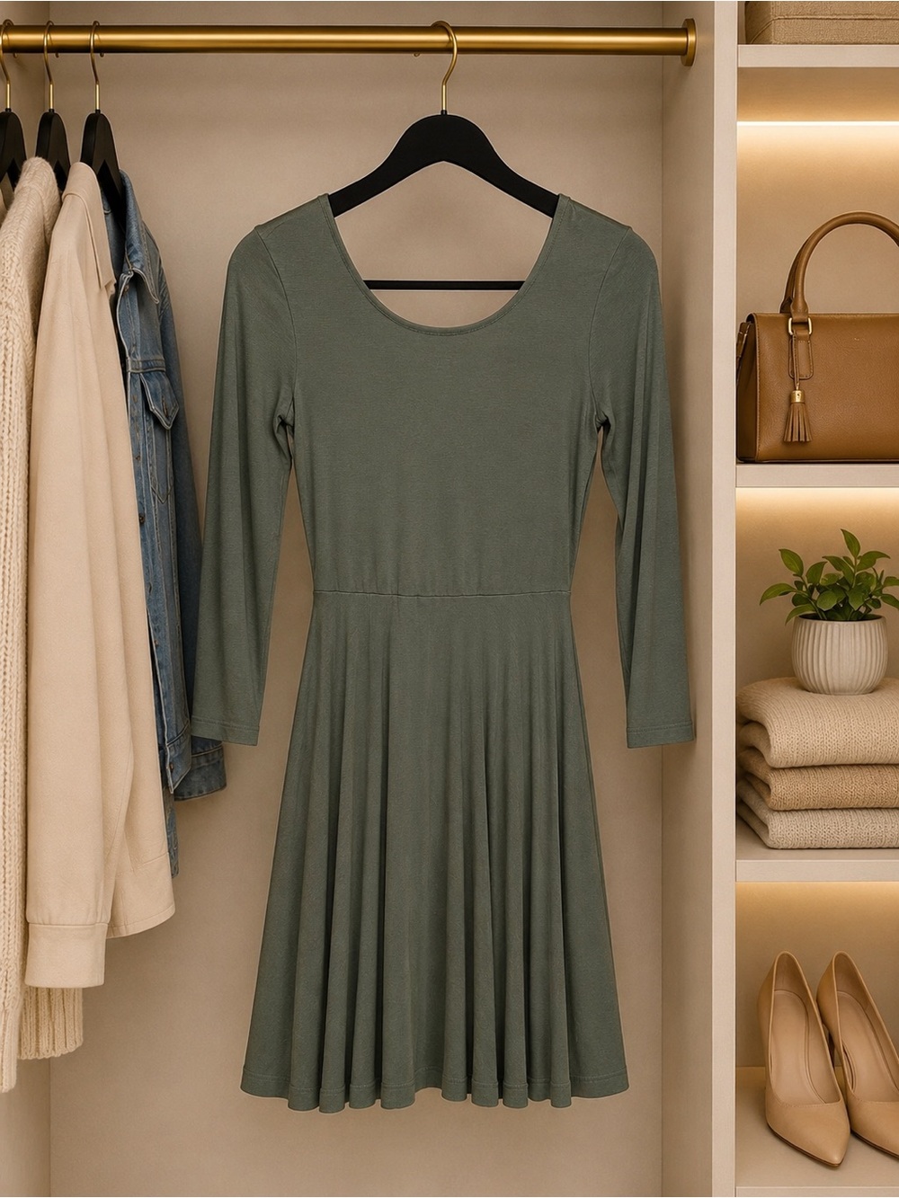 Women’s Sage Green Long Sleeve Fit & Flare Dress